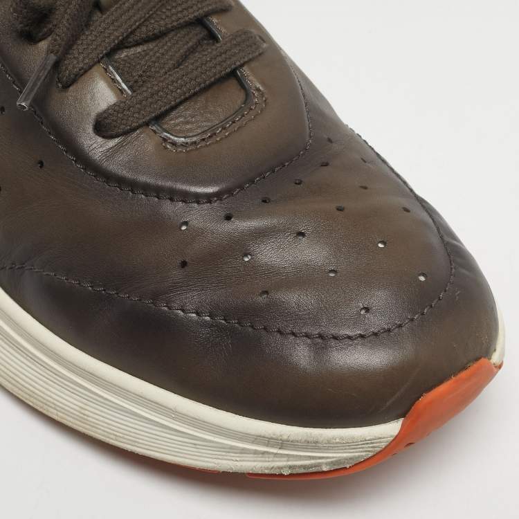 Pre Owned Santoni Grey Leather Bounce Lace Up Sneakers Size 44
