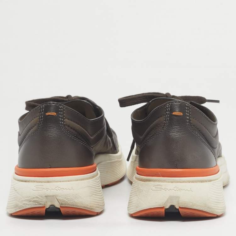 Pre Owned Santoni Grey Leather Bounce Lace Up Sneakers Size 44