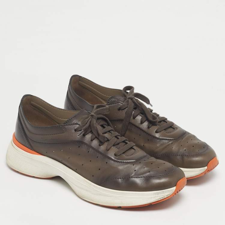 Pre Owned Santoni Grey Leather Bounce Lace Up Sneakers Size 44