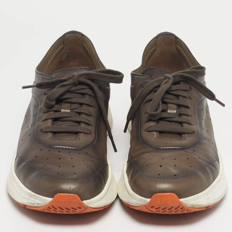 Pre Owned Santoni Grey Leather Bounce Lace Up Sneakers Size 44