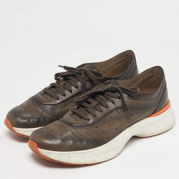 Pre Owned Santoni Grey Leather Bounce Lace Up Sneakers Size 44