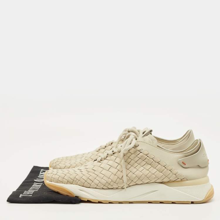 Pre Owned Santoni Size 43 Beige Woven Leather Lace Up Sneakers