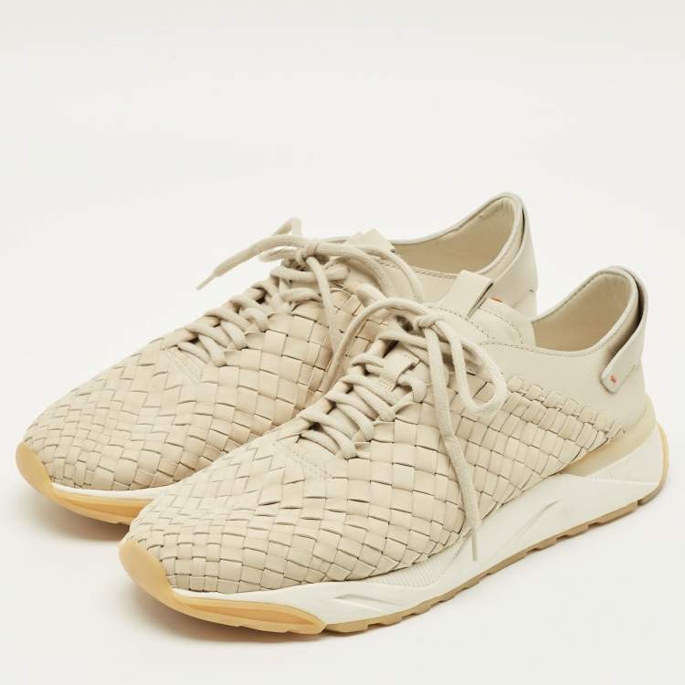 Pre Owned Santoni Size 43 Beige Woven Leather Lace Up Sneakers