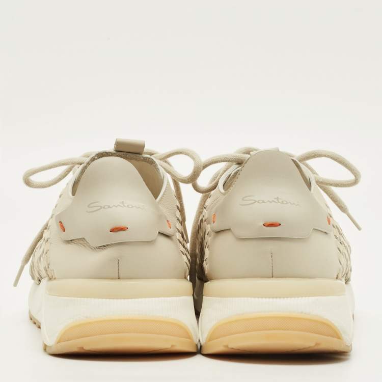 Pre Owned Santoni Size 43 Beige Woven Leather Lace Up Sneakers