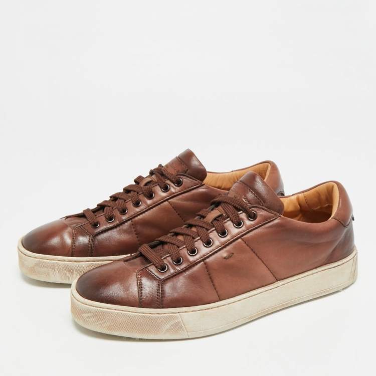 Pre Owned Santoni Size 42 Brown Leather Lace Up Sneakers