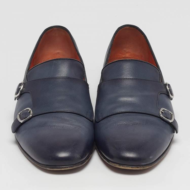 Pre Owned Santoni Size 44 Blue Leather Double Strap Loafers