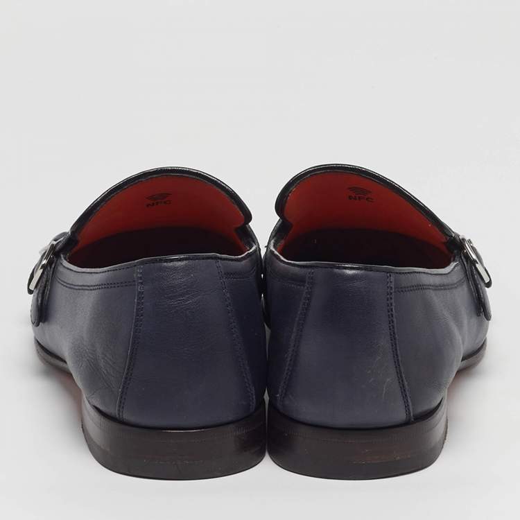 Pre Owned Santoni Size 44 Blue Leather Double Strap Loafers