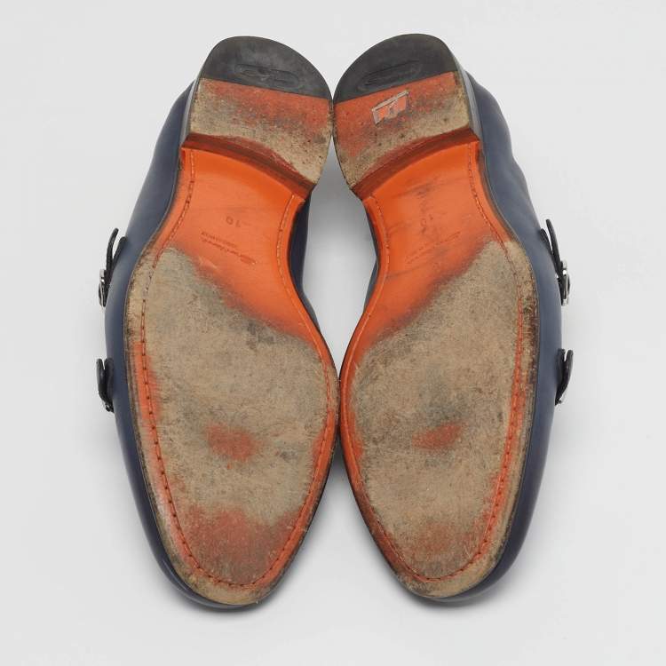 Pre Owned Santoni Size 44 Blue Leather Double Strap Loafers