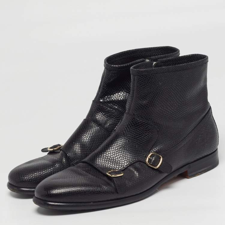 Pre Owned Santoni Size 45 Black Snakeskin Embossed Leather Double Buckle Ankle Boots
