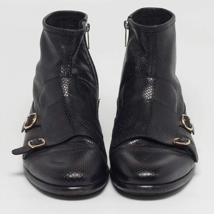 Pre Owned Santoni Size 45 Black Snakeskin Embossed Leather Double Buckle Ankle Boots