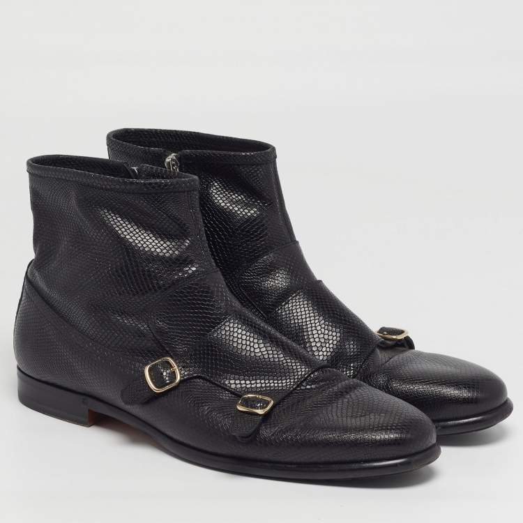 Pre Owned Santoni Size 45 Black Snakeskin Embossed Leather Double Buckle Ankle Boots