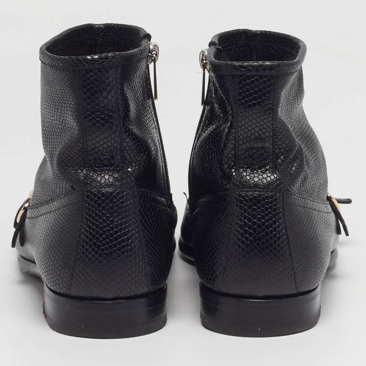 Pre Owned Santoni Size 45 Black Snakeskin Embossed Leather Double Buckle Ankle Boots