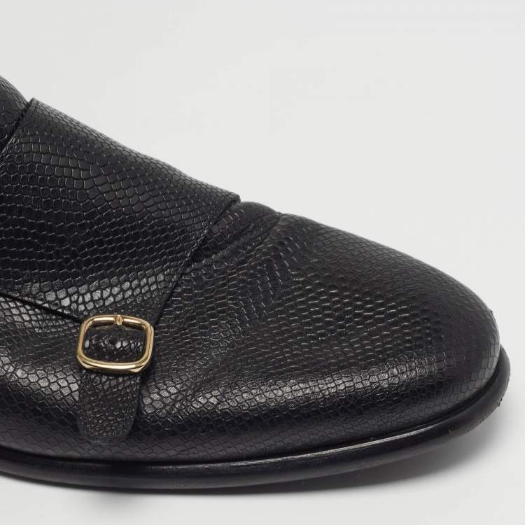 Pre Owned Santoni Size 45 Black Snakeskin Embossed Leather Double Buckle Ankle Boots