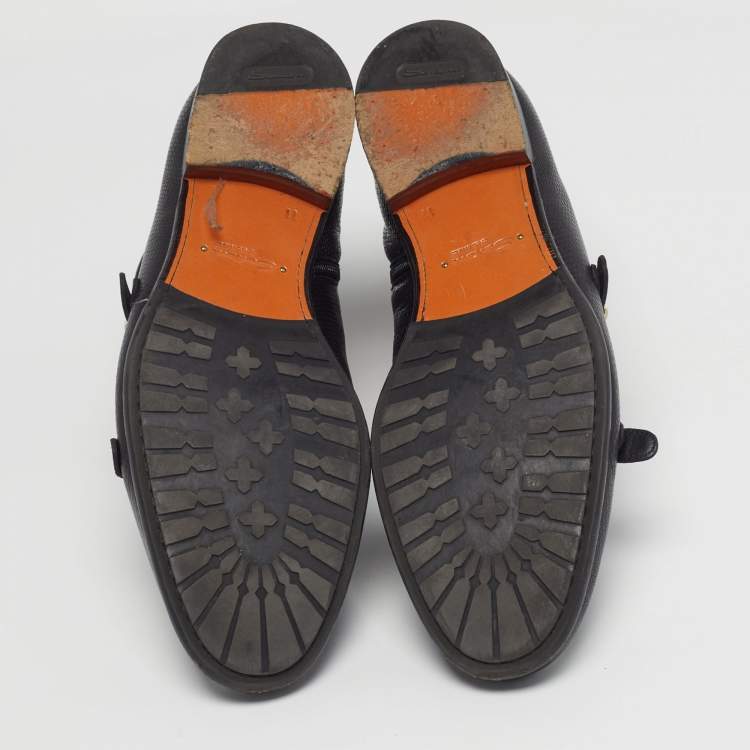 Pre Owned Santoni Size 45 Black Snakeskin Embossed Leather Double Buckle Ankle Boots