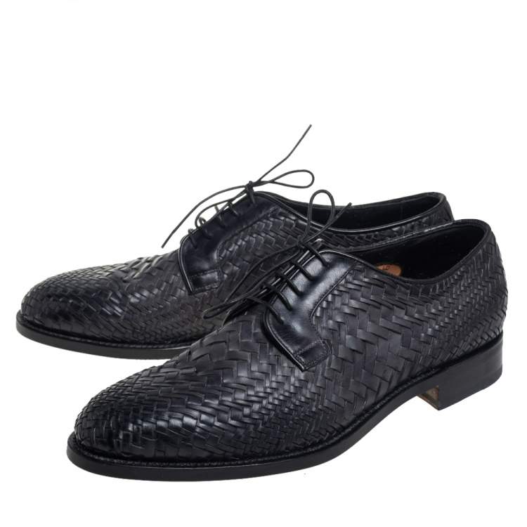 Pre Owned Santoni Black Woven Leather Lace Derby Size 44