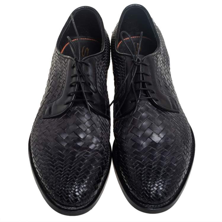 Pre Owned Santoni Black Woven Leather Lace Derby Size 44