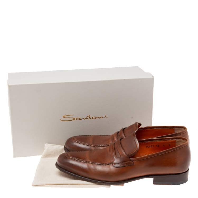 Pre Owned Santoni Brown Leather Penny Slip-on Loafers Size 42