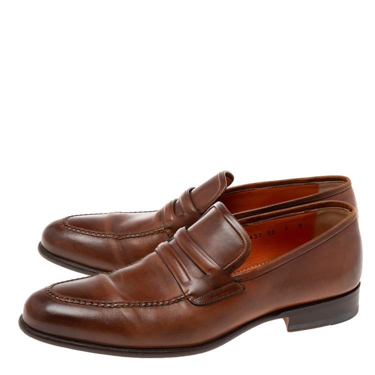 Pre Owned Santoni Brown Leather Penny Slip-on Loafers Size 42