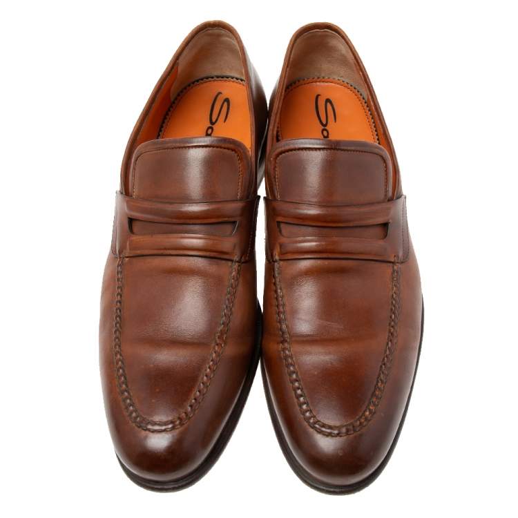 Pre Owned Santoni Brown Leather Penny Slip-on Loafers Size 42