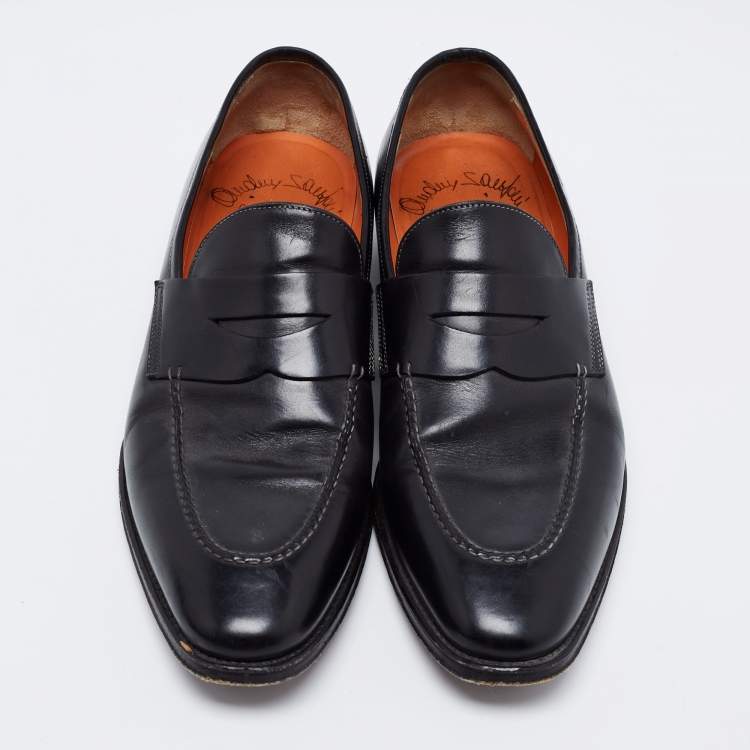 Pre Owned Santoni Black Leather Slip On Loafers Size 42