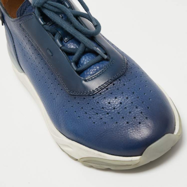 Pre Owned Santoni Blue Leather Low Top Sneakers Size 40