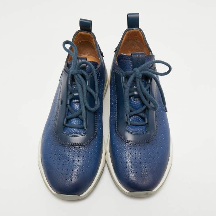 Pre Owned Santoni Blue Leather Low Top Sneakers Size 40
