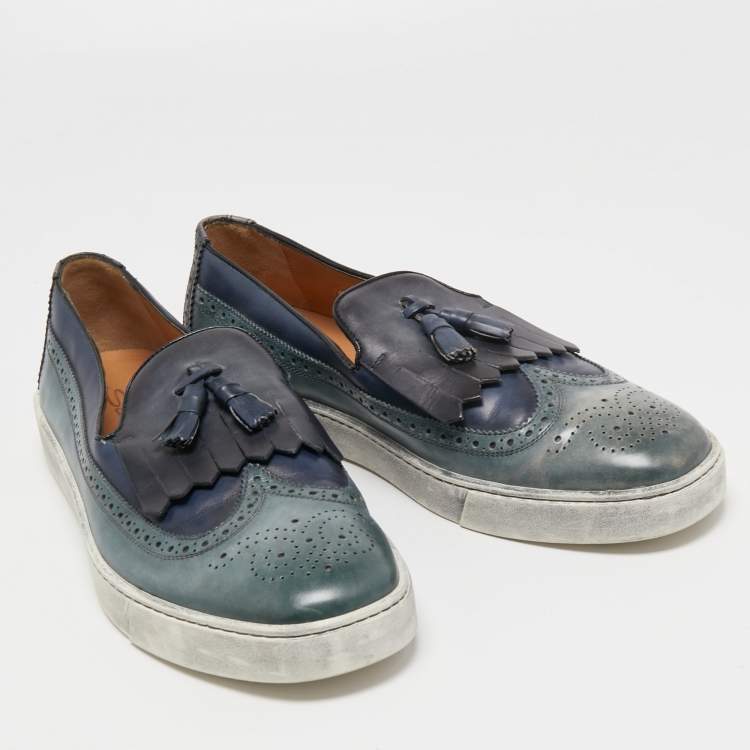 Pre Owned Santoni Two Tone Brogue Leather Tassel Slip On Sneakers Size 46
