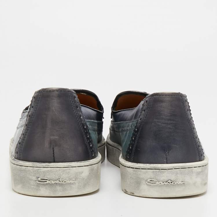 Pre Owned Santoni Two Tone Brogue Leather Tassel Slip On Sneakers Size 46