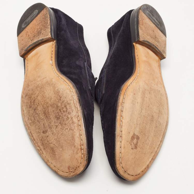 Pre Owned Santoni Navy Blue Suede Penny Slip On Loafers Size 41.5