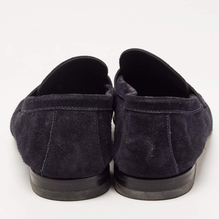 Pre Owned Santoni Navy Blue Suede Penny Slip On Loafers Size 41.5