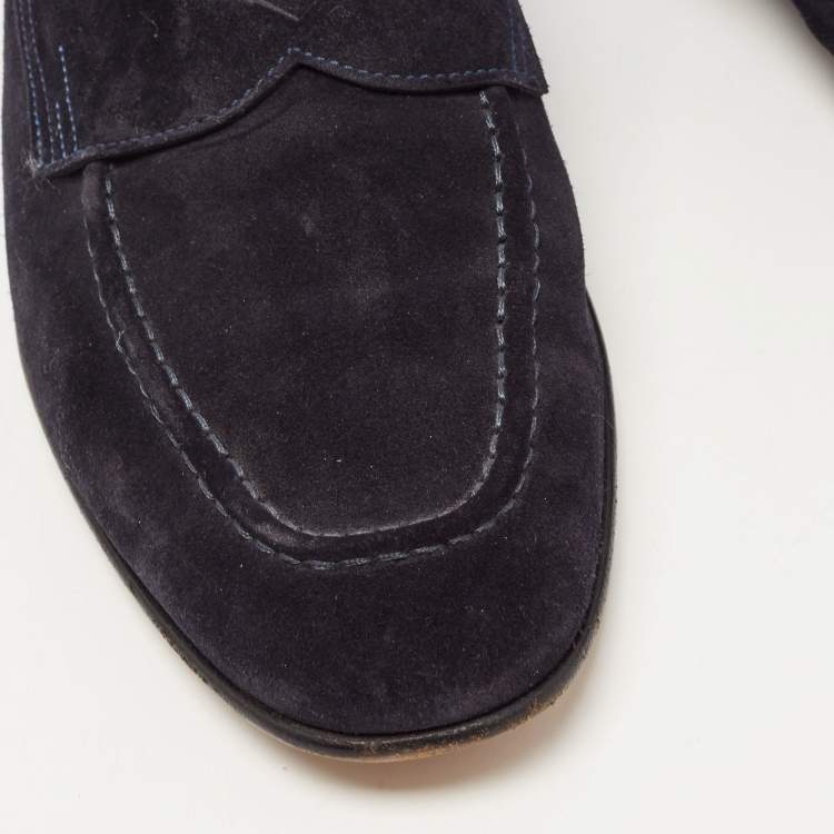 Pre Owned Santoni Navy Blue Suede Penny Slip On Loafers Size 41.5