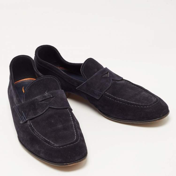 Pre Owned Santoni Navy Blue Suede Penny Slip On Loafers Size 41.5