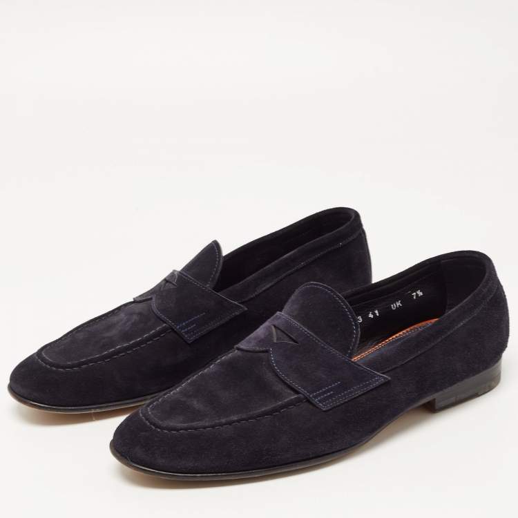 Pre Owned Santoni Navy Blue Suede Penny Slip On Loafers Size 41.5