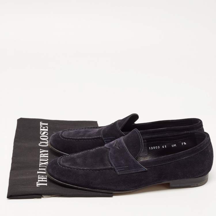 Pre Owned Santoni Navy Blue Suede Penny Slip On Loafers Size 41.5