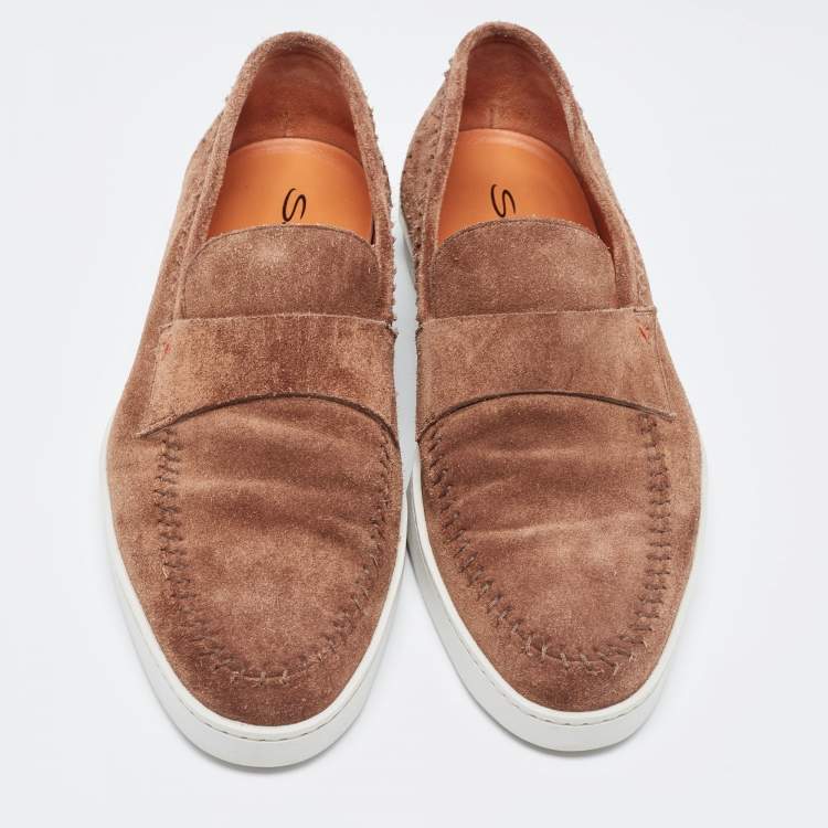 Pre Owned Santoni Brown Suede Slip On Loafers Size 44
