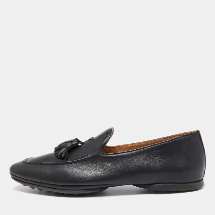 Pre Owned Santoni Black Leather Fringe Tassel Detail Slip On Loafer Size 43
