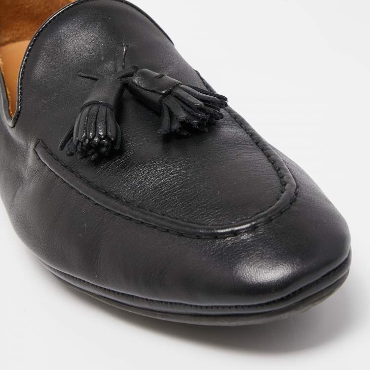 Pre Owned Santoni Black Leather Fringe Tassel Detail Slip On Loafer Size 43