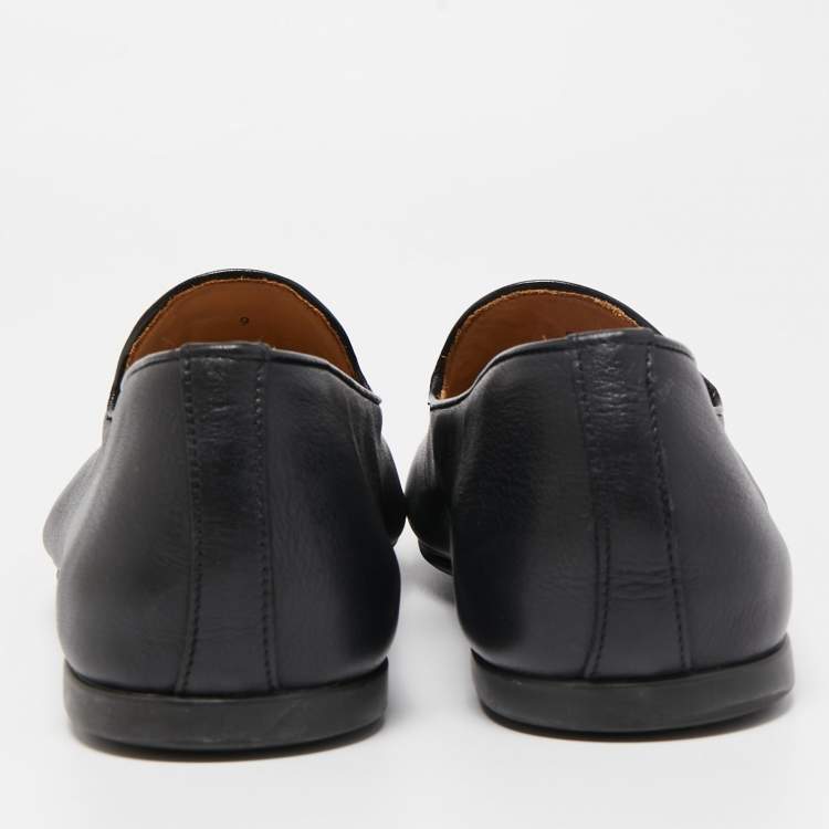 Pre Owned Santoni Black Leather Fringe Tassel Detail Slip On Loafer Size 43