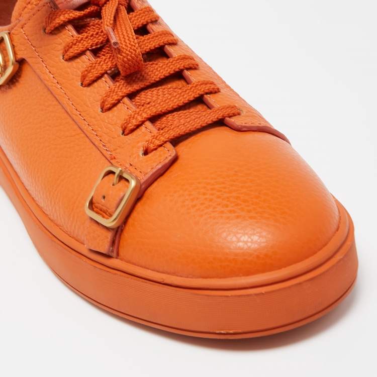 Pre Owned Santoni Orange Leather Double Buckle Detail Low Top Sneakers Size 42