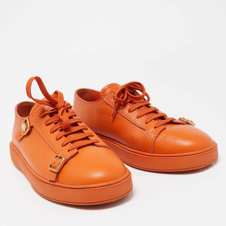 Pre Owned Santoni Orange Leather Double Buckle Detail Low Top Sneakers Size 42