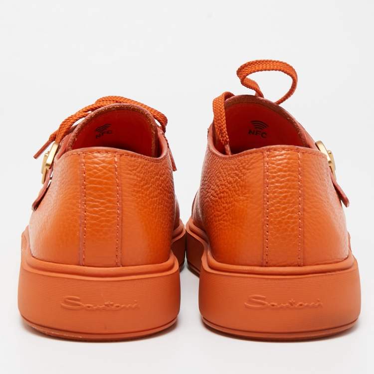 Pre Owned Santoni Orange Leather Double Buckle Detail Low Top Sneakers Size 42
