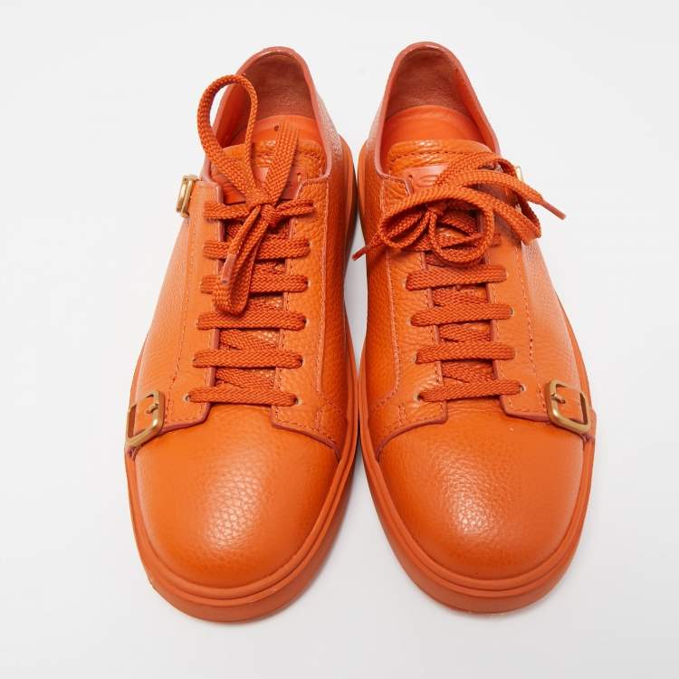 Pre Owned Santoni Orange Leather Double Buckle Detail Low Top Sneakers Size 42