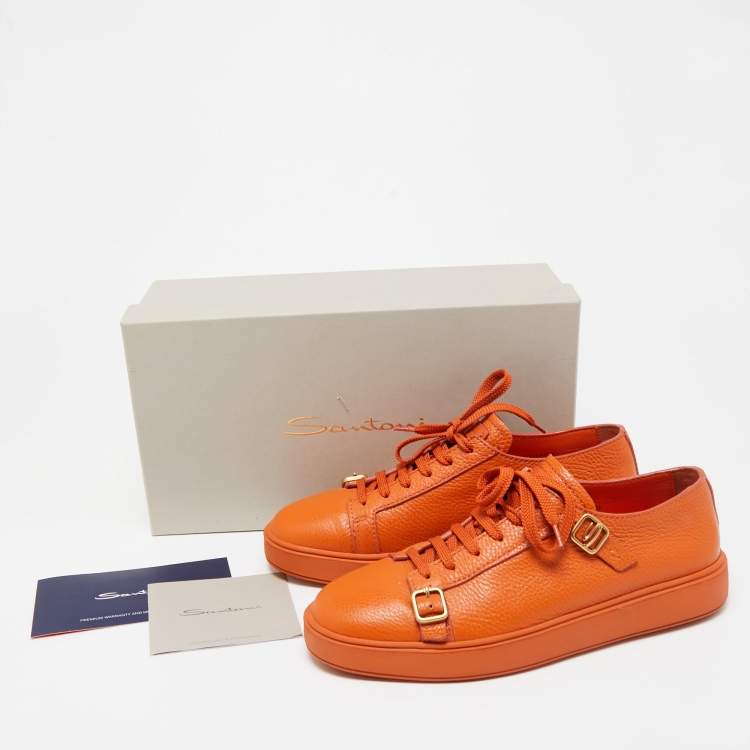 Pre Owned Santoni Orange Leather Double Buckle Detail Low Top Sneakers Size 42