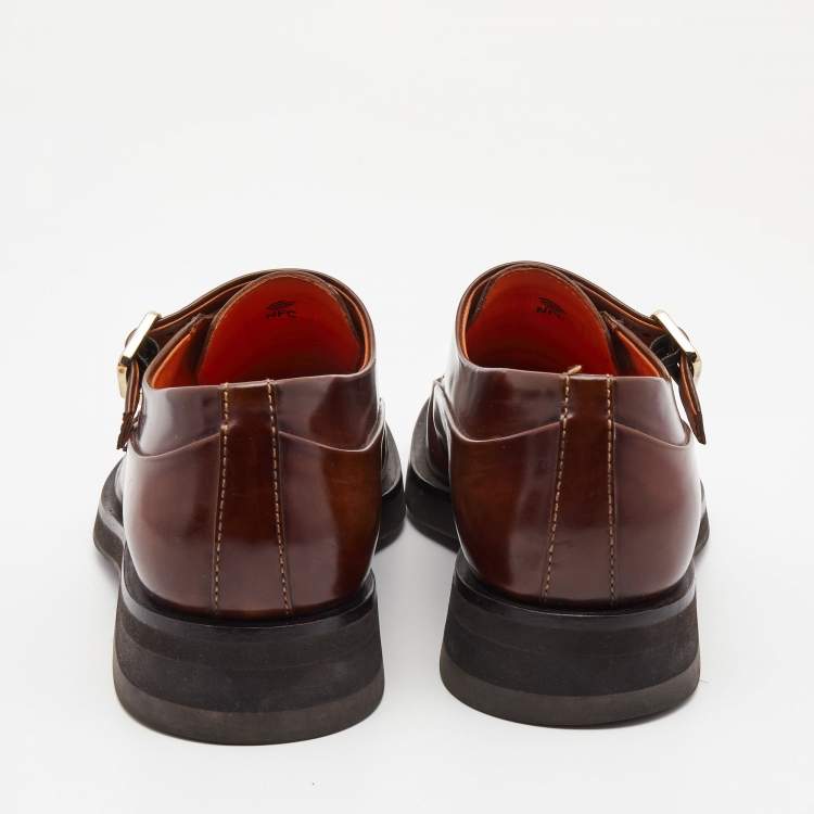 Pre Owned Santoni Brown Leather Double Buckle Strap Monk Derby Size 42