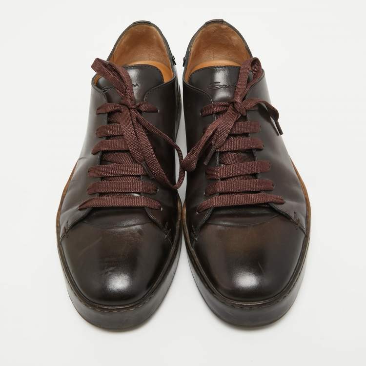 Pre Owned Santoni Brown Leather Low Top Sneakers Size 42.5