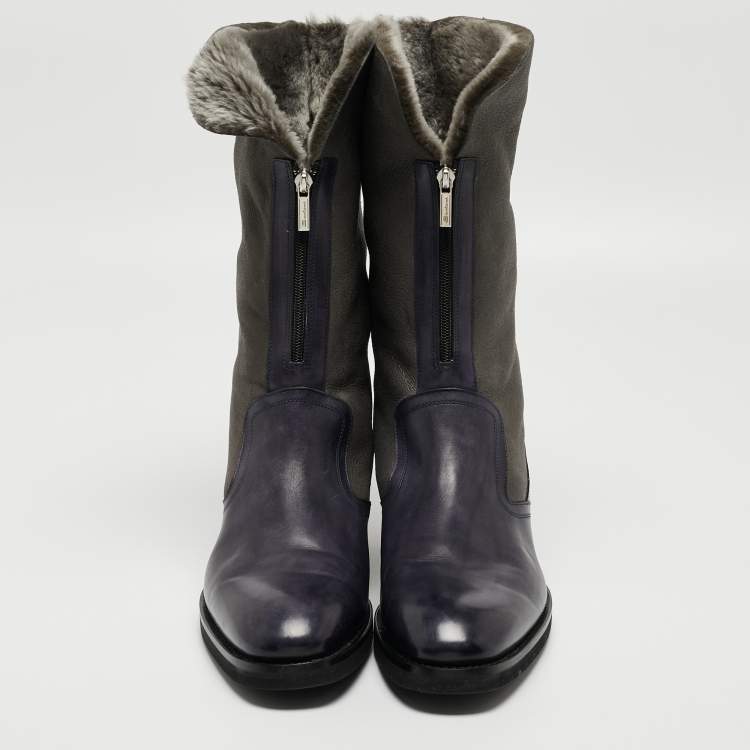 Pre Owned Santoni Two Tone Nubuck and Leather Midcalf Boots Size 44