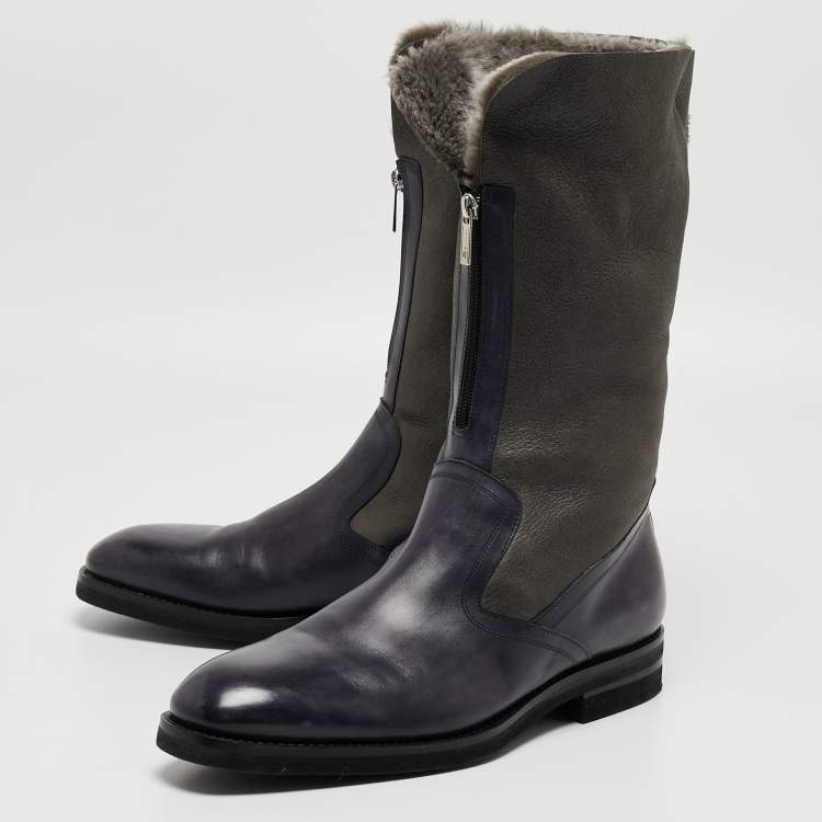 Pre Owned Santoni Two Tone Nubuck and Leather Midcalf Boots Size 44