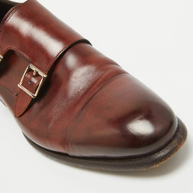 Pre Owned Santoni Brown Leather Monk Strap Derby Size 41.5