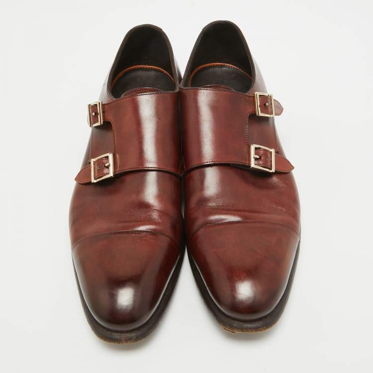 Pre Owned Santoni Brown Leather Monk Strap Derby Size 41.5