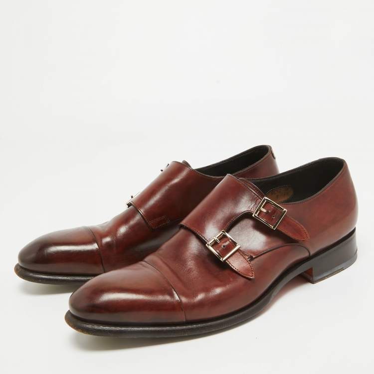 Pre Owned Santoni Brown Leather Monk Strap Derby Size 41.5